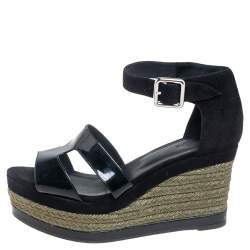 Hermes Black Suede and Patent Leather Ilana Espadrille Wedge Sandals Size 38