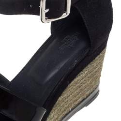 Hermes Black Suede and Patent Leather Ilana Espadrille Wedge Sandals Size 38