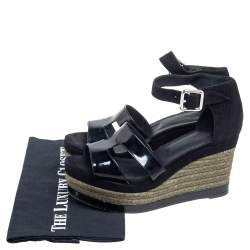 Hermes Black Suede and Patent Leather Ilana Espadrille Wedge Sandals Size 38