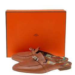 Pre Owned Hermés Brown Leather Palladium Plated Oz Mules Size 39