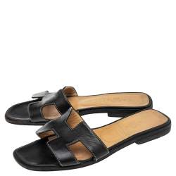 Pre Owned Hermes Black Leather Oran Sandals Size 37