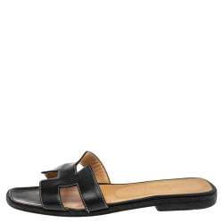 Pre Owned Hermes Black Leather Oran Sandals Size 37