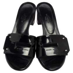 Hermes Black Patent Leather View Slide Sandals Size 35