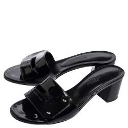 Hermes Black Patent Leather View Slide Sandals Size 35