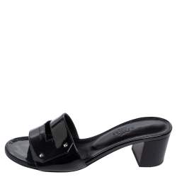 Hermes Black Patent Leather View Slide Sandals Size 35