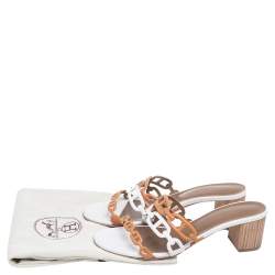 مملوكة مسبقًا Hermés White/Brown Leather Tandem Slide Sandals Size 37.5