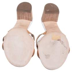 مملوكة مسبقًا Hermés White/Brown Leather Tandem Slide Sandals Size 37.5
