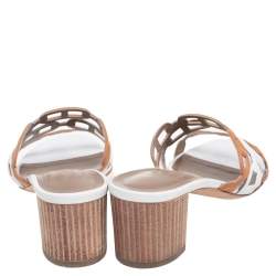 مملوكة مسبقًا Hermés White/Brown Leather Tandem Slide Sandals Size 37.5