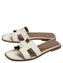 Pre Owned Hermes White Leather Oran Flats Sandals Size 38
