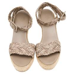Hermes Beige Leather and Suede Sofia Espadrille Wedge Sandals Size 41