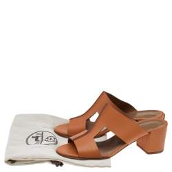 Pre Owned Hermés Natural Brown Leather Ostia Slide Sandals Size 37