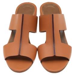 Pre Owned Hermés Natural Brown Leather Ostia Slide Sandals Size 37