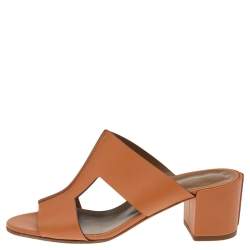 Pre Owned Hermés Natural Brown Leather Ostia Slide Sandals Size 37