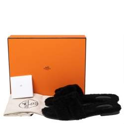 Pre Owned Hermes Black Shearling Fur Oran Flat Sandals Size 40