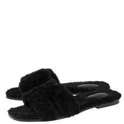 Pre Owned Hermes Black Shearling Fur Oran Flat Sandals Size 40