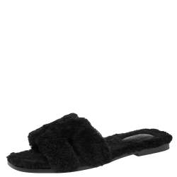 Pre Owned Hermes Black Shearling Fur Oran Flat Sandals Size 40