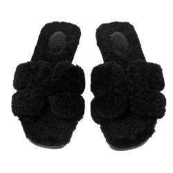 Pre Owned Hermes Black Shearling Fur Oran Flat Sandals Size 40