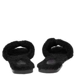 Pre Owned Hermes Black Shearling Fur Oran Flat Sandals Size 40