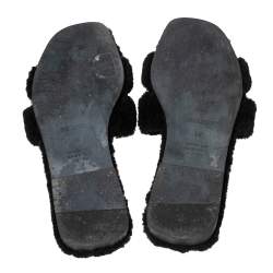 Pre Owned Hermes Black Shearling Fur Oran Flat Sandals Size 40