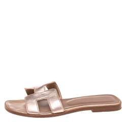 Pre Owned Hermes Metallic Gold  Leather Oran Flat Sandals 37