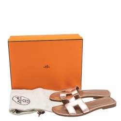 Pre Owned Hermes Metallic Gold  Leather Oran Flat Sandals 37