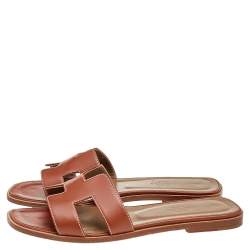 Hermes Brown Leather Oran Flat Sandals Size 38