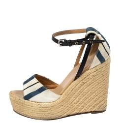 Hermes Multicolor Canvas Striped Espadrille Wedge Sandals Size 37