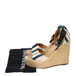 Hermes Multicolor Canvas Striped Espadrille Wedge Sandals Size 37