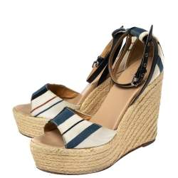 Hermes Multicolor Canvas Striped Espadrille Wedge Sandals Size 37