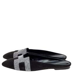 Hermes Black Suede And Glitter Roxane Mule Flats Size 39