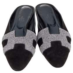 Hermes Black Suede And Glitter Roxane Mule Flats Size 39