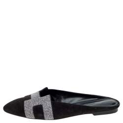 Hermes Black Suede And Glitter Roxane Mule Flats Size 39