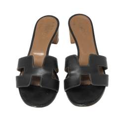 Pre Owned Hermes Black Leather Oasis Sandals 37