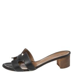 Pre Owned Hermes Black Leather Oasis Sandals 37