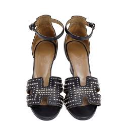 Hermes Black Leather Studded Legend Ankle Strap Wedge Sandals Size 36