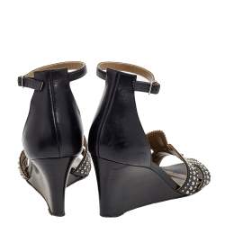 Hermes Black Leather Studded Legend Ankle Strap Wedge Sandals Size 36