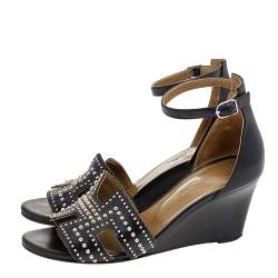 Hermes Black Leather Studded Legend Ankle Strap Wedge Sandals Size 36