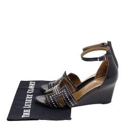 Hermes Black Leather Studded Legend Ankle Strap Wedge Sandals Size 36