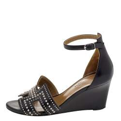 Hermes Black Leather Studded Legend Ankle Strap Wedge Sandals Size 36