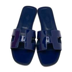 Pre Owned Hermés Blue Patent Leather Oran Slide Sandals Size 39.5