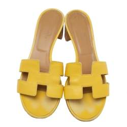 Pre Owned Hermes Yellow Leather Oasis Slide Sandals Size 38