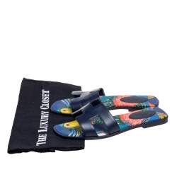 Pre Owned Hermes Navy Blue Leather Oran Flat Slide Sandals Size 37