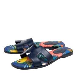 Pre Owned Hermes Navy Blue Leather Oran Flat Slide Sandals Size 37