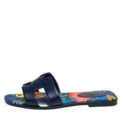 Pre Owned Hermes Navy Blue Leather Oran Flat Slide Sandals Size 37