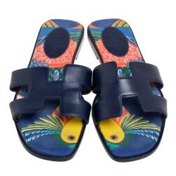 Pre Owned Hermes Navy Blue Leather Oran Flat Slide Sandals Size 37