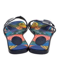 Pre Owned Hermes Navy Blue Leather Oran Flat Slide Sandals Size 37