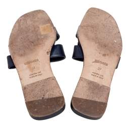 Pre Owned Hermes Navy Blue Leather Oran Flat Slide Sandals Size 37