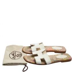 Pre Owned Hermes White Leather Oran Flat Slides Size 39