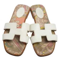Pre Owned Hermes White Leather Oran Flat Slides Size 39