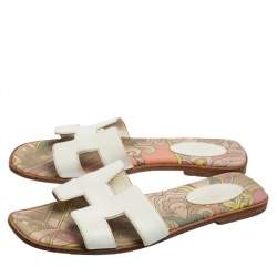 Pre Owned Hermes White Leather Oran Flat Slides Size 39